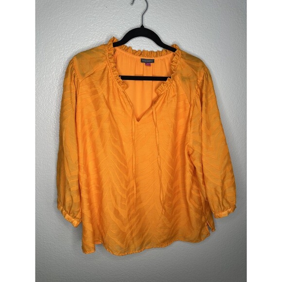 Vince Camuto Blouse Womens XL Orange Sheer Jacquard 3/4 Sleeve Ruffle Boho Top - Picture 1 of 5